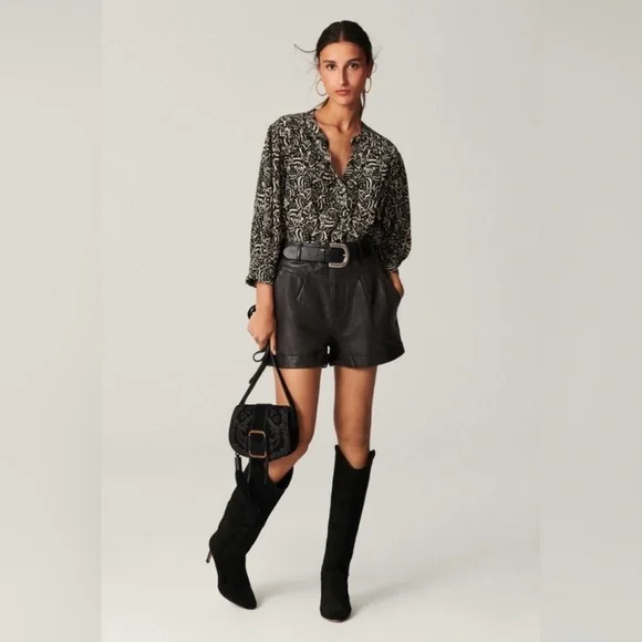 ba&sh Lio Pintucked Shirt Abstract Blouse 100% viscose half sleeves Size 2 - Picture 1 of 16